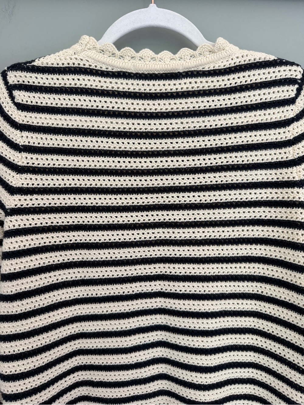 Boden 100% Cotton Scallop Neck Crochet Navy Cream Long Sleeve Knit Sweater - Picture 11 of 17